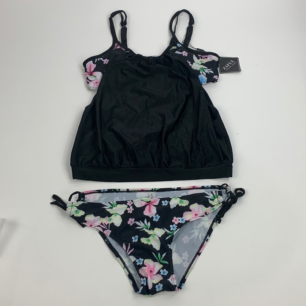 Zaful Forever Young Two piece Bikini set Size Large Black and pink floral NWT